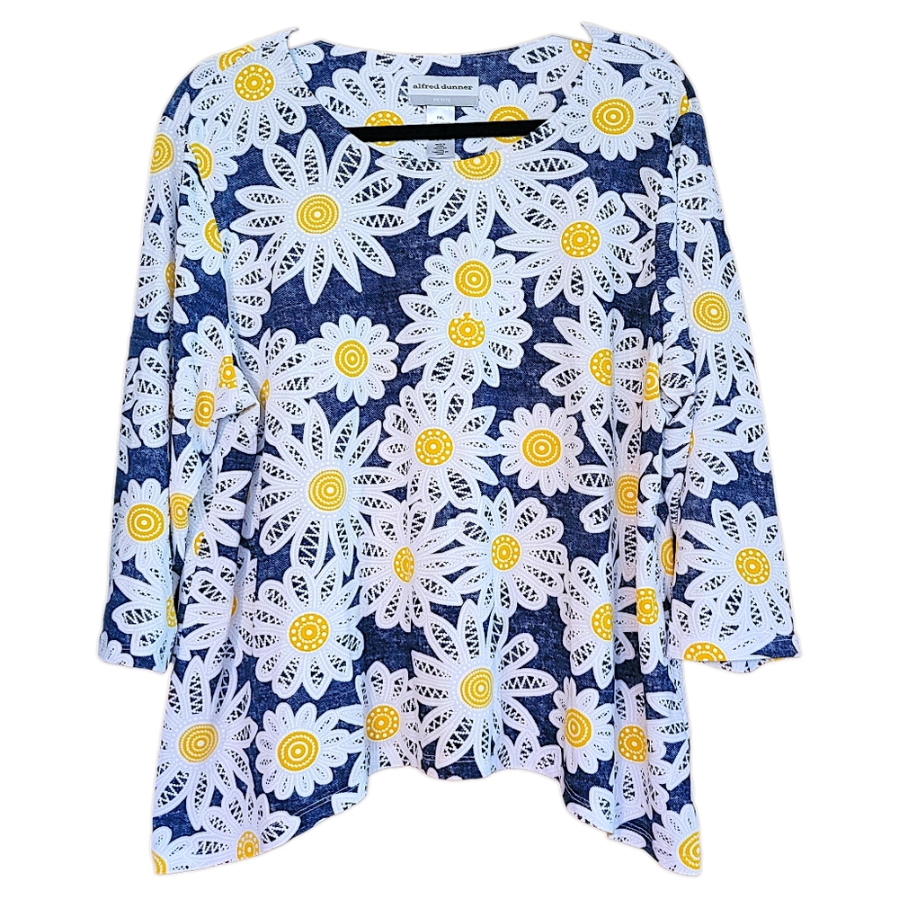 Alfred Dunner Womens Size PXL White and Yellow Daisy 3/4 Sleeve Boxy Blouse